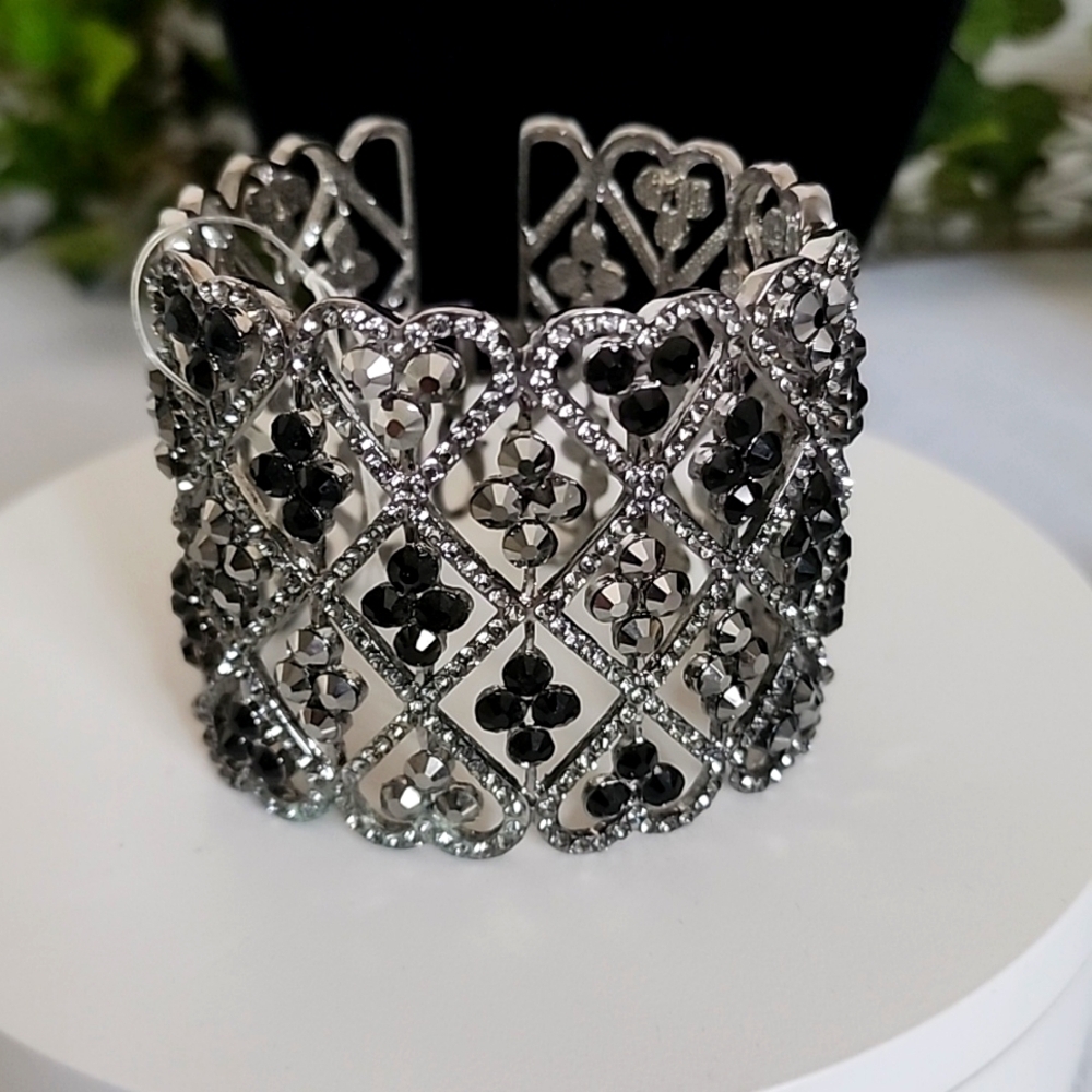 Wide Silver Statement Clover Flower Bracelet